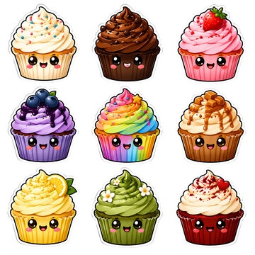 Charming cupcake sticker pack featuring assorted frosting flavors and cheerful cartoon faces for bakery and dessert themed designs.