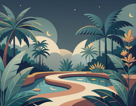 Tropical Oasis Vector Illustration with Swimming Pool and Palm Trees at Night