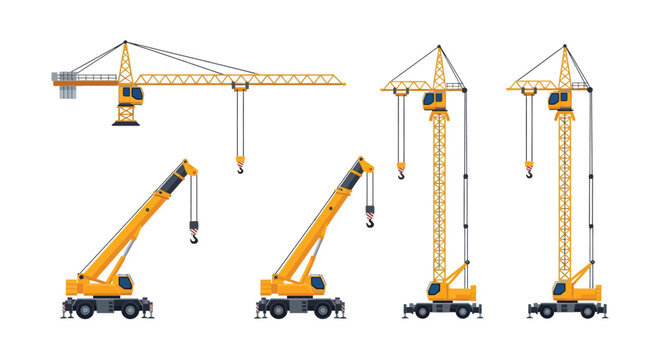 Set of Yellow Construction Cranes and Mobile Truck Cranes Flat Vector Illustration