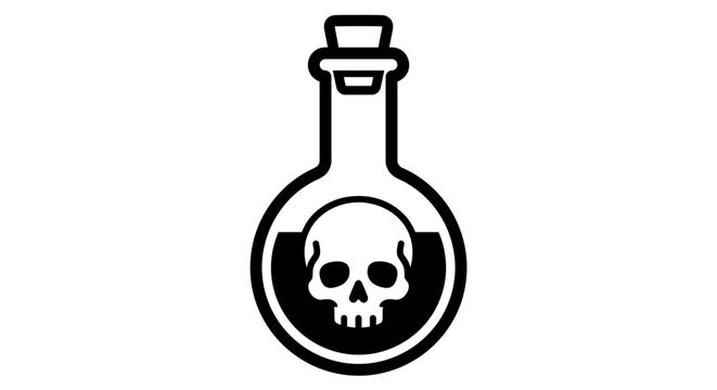 A black and white illustration of a round-bottomed flask containing a skull symbol, indicating poison.