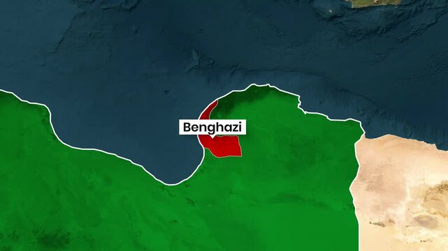 Location footage highlights the Libyan city of Benghazi on the map