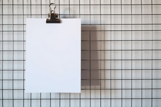 Blank paper hangs clipped to a wire grid wall