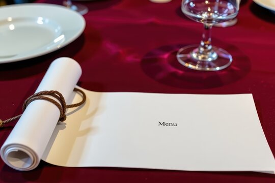 Red tablecloth holds rolled menu and glassware