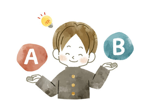 比較をしている笑顔の男子学生-水彩