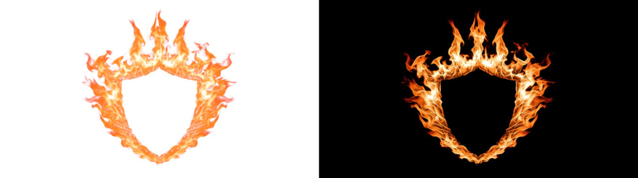 Shield shaped fire cartouche border with erupting flame tongue crest, fire overlay isolated on transparent background