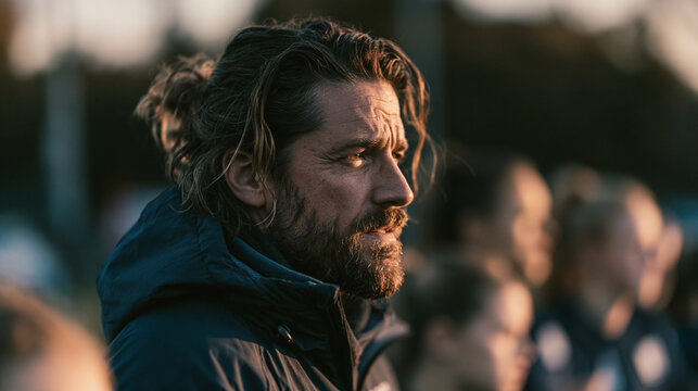 Focused sports coach watching a match intently from the sidelines at sunset with male coach