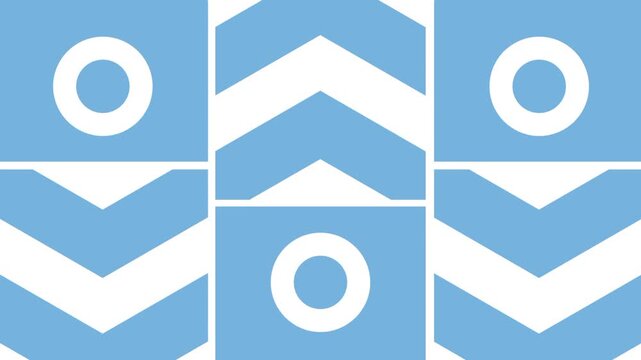 Blue and white chevron zigzag pattern arranged in a neat grid of square blocks with small circle accents in each block above a plain black background