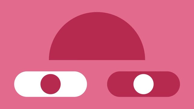 Pink colored banner showing a flat design baseball cap or hat icon paired with a curved sunglasses shape resting above a solid black stripe at bottom
