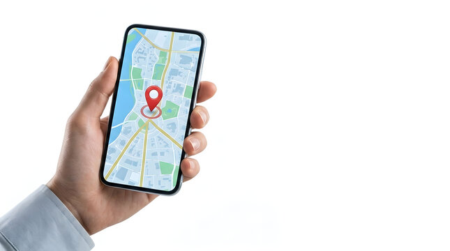 A hand holding a smartphone displaying a navigation map with a location pin