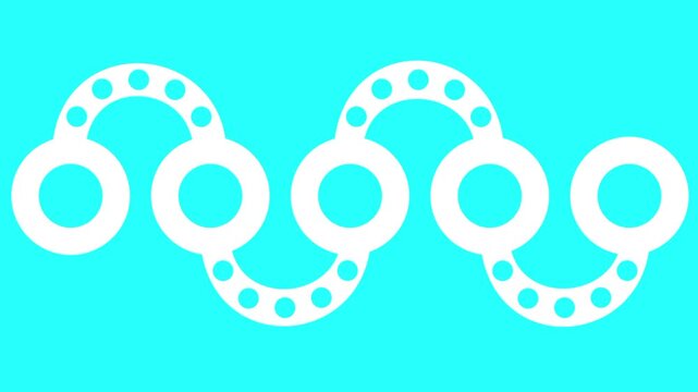 Bright cyan colored banner featuring a wavy horizontal chain of connected white beaded circles forming a scalloped border above a solid black stripe