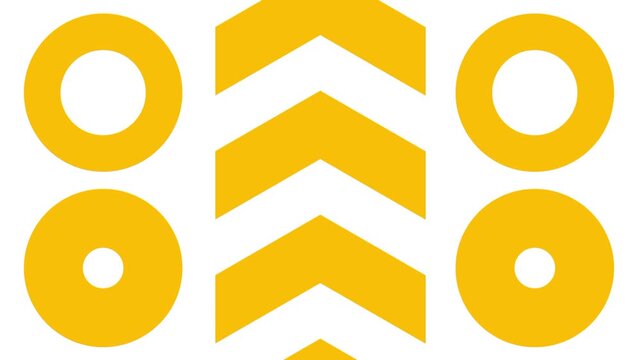 White banner with a bold yellow chevron zigzag arrow pattern flanked by rows of yellow outlined circles above a plain black background stripe below