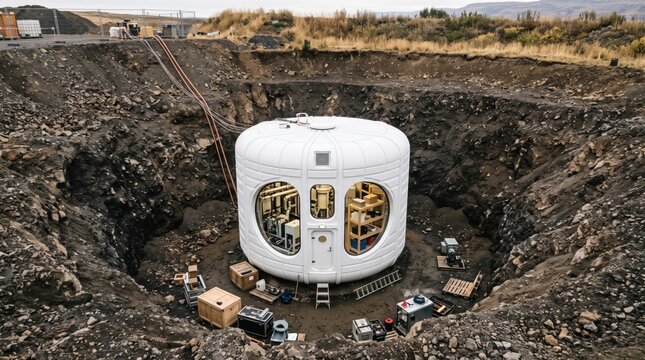 Modern futuristic survival bunker built inside a deep excavated earth pit.