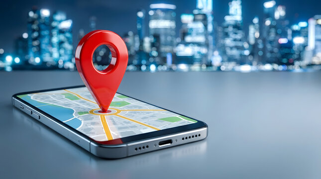 A red map pin marker placed on a smartphone screen displaying a map. The background features a blurred cityscape at night