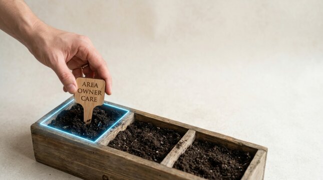A hand holding a wooden sign containing a plant symbolizing process ownership and responsibility in a specific area