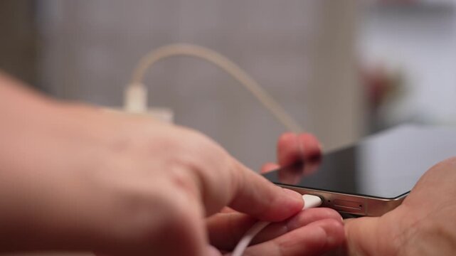 Close up shot of smartphone positioned on right frame leaving left copy space, hand connecting white charging cable on wooden table, mobile UI mockup and battery power concept.