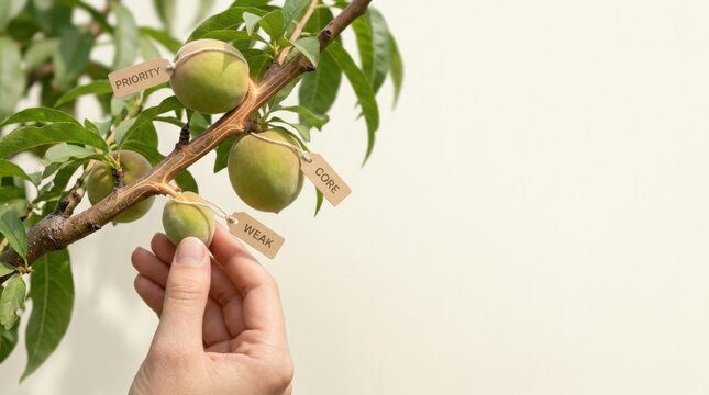 Hand holding a branch of a peach tree demonstrating business portfolio optimization by removing weaker investments