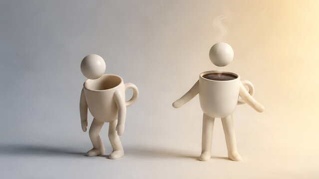 Before and after coffee concept with playful cup characters, caffeine energy and productivity banner with copy space