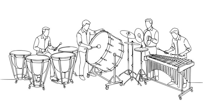 Orchestra Percussion Section: Timpani, Bass Drum, Cymbals, Xylophone, Musicians