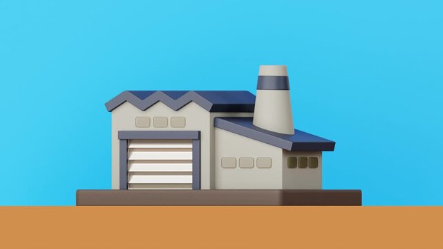 Industrial factory building assembles and operates with puffing smokestack in a 4K 3D looping animation on blue background, symbolizing manufacturing, production, and industrial business.