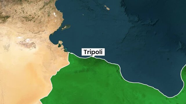 Animated map footage showing Libya with the capital Tripoli labeled