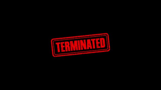 Terminated rubber stamp animation. Terminated Stamp textured bold text motion. Up to down stamp zooming and hit effect 4k video.