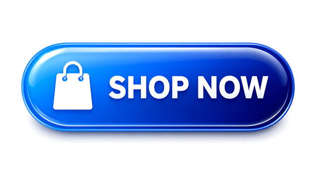 A glossy blue rectangular web button displaying a white shopping bag icon and the text.