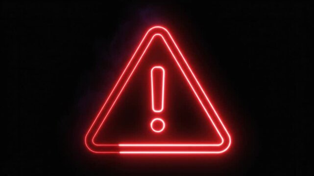 Red neon warning sign with exclamation mark, glowing hazard triangle icon on black background, digital alert symbol for security and emergency