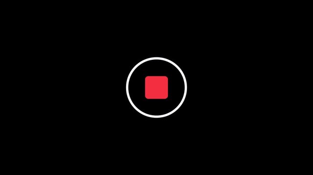 Long SEO Title: Modern Minimalist Thin Outline Ring Stop Button with Flashing Red Center Square Animation 6 Seconds Loop on Alpha Channel 4K