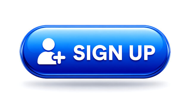 A glossy blue sign up button with a white user icon and plus symbol on a white background.