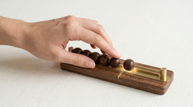 Hand sliding wooden bead symbolizing revenue recognition as value becomes countable upon completion of work milestones