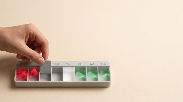 Time management visualized by hand pressing button to allocate work to specific available time periods