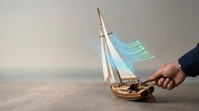 Hand holding a small model of a sail representing business agility and quick direction changes in market conditions
