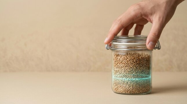 Hand reaching into a jar of sunflower seeds depicting food security and maintaining staple supply during disruptions