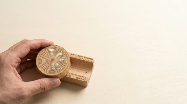 Person holding wooden stamper to represent long-term business strategy with decisions shaping value across future cycles