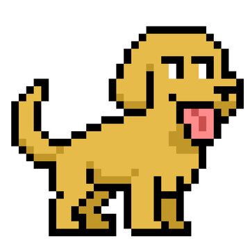 Cute pixel art smiling yellow dog or puppy character with tongue out for 8-bit