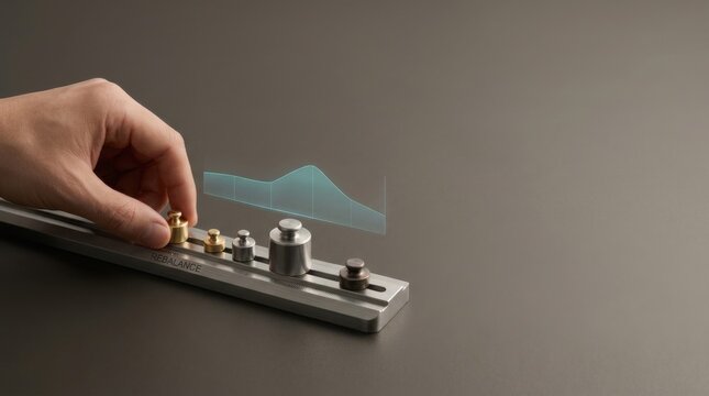 Person's hand touching button on remote control device to visualize portfolio rebalancing and investment exposure redistribution