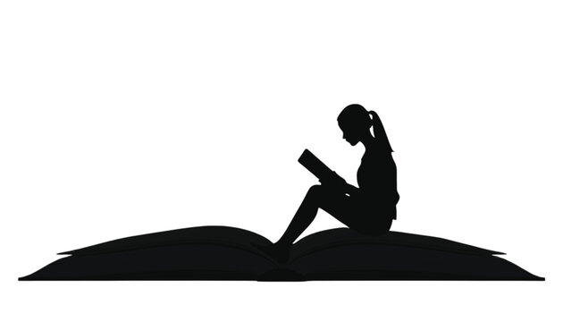 Girl silhouette reading a book while sitting on an open giant book page isolated against a stark white background.