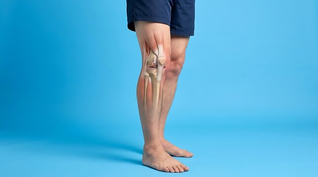 Male leg shows an anatomical graphic overlay of the knee joint against a blue background.