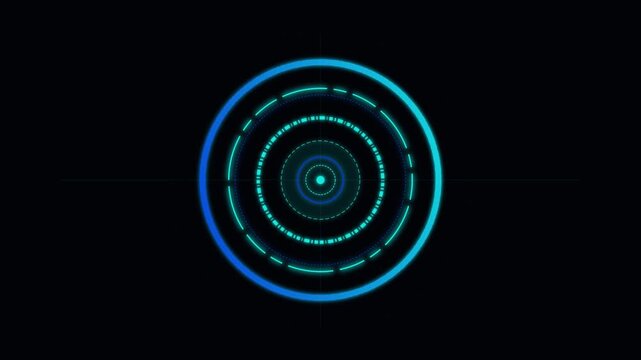 Futuristic blue HUD circular interface animation, glowing tech target rings on black background, sci fi digital UI loop
