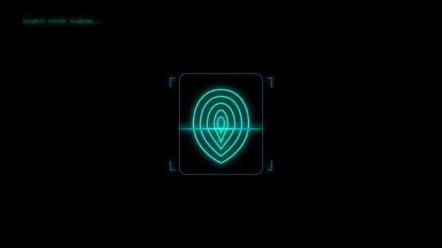 Futuristic biometric fingerprint scan on dark screen, glowing teal security icon, digital authentication interface video