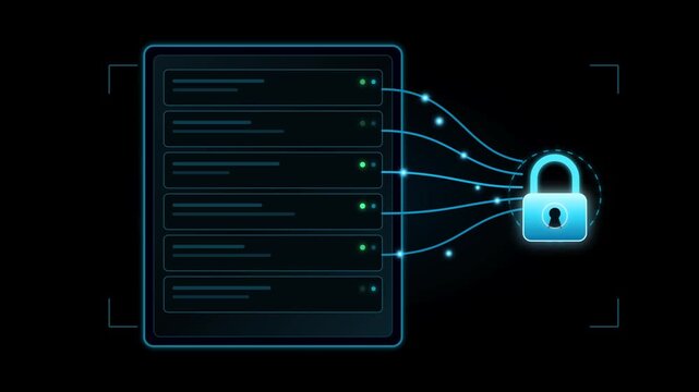 Cybersecurity data encryption animation, secure server database interface in blue neon, digital privacy lock icon HUD