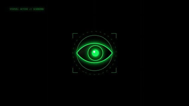 Futuristic green eye scan interface on black background, cybersecurity biometrics HUD animation, digital surveillance tech