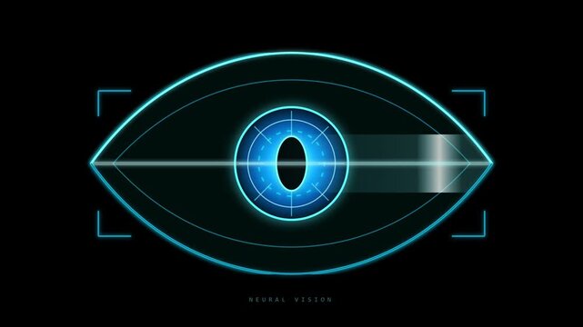 Futuristic biometric eye scan interface, glowing blue cyber security HUD overlay, digital identity and surveillance concept video