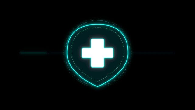 Glowing medical cross shield icon, neon teal HUD interface symbol on dark background, futuristic healthcare technology loop