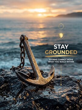 Anchor on a wet rock at sunset. Metal nautical anchor with chain on a coastal shore. Motivational stay grounded text overlay with shield icon. Ocean waves and golden hour sky