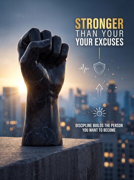 Fist statue on rooftop with motivational quote and city skyline. Stronger than your excuses text. Discipline builds the person you want to become slogan. Sunset city background