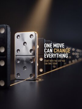 Silver domino standing in line with black tiles. One move can change everything text. Leadership and business impact concept. Glowing metal piece under a cinematic spotlight