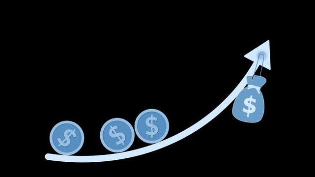 Upward financial growth arrow with coins animation, Arrow graph with three gold coins and a money bag animated