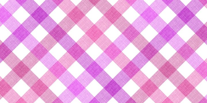 Pink and purple gingham plaid fabric texture background. Aesthetic diagonal check pattern in varying shades.