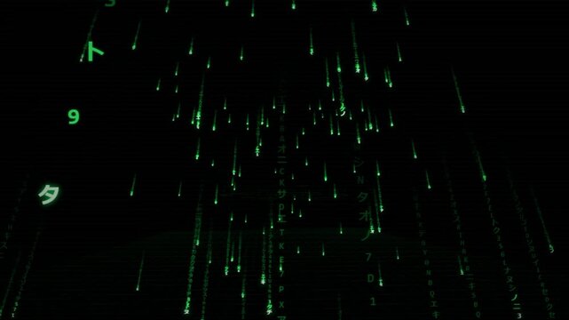 3D green matrix code rain animation, falling digital characters computer matrix background loop 4k